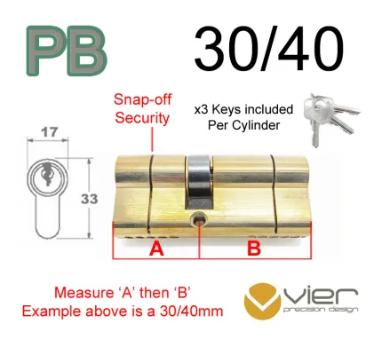 30/40 Euro Profile Double Cylinder  - PB Keyed to Differ
