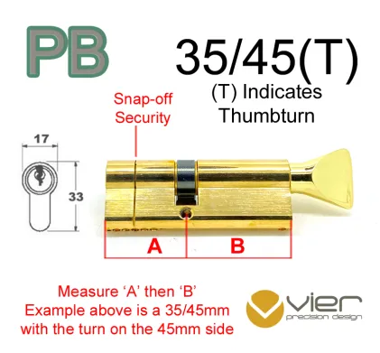 35/45(T) Euro Profile Cylinder & Turn - PB Keyed to Differ