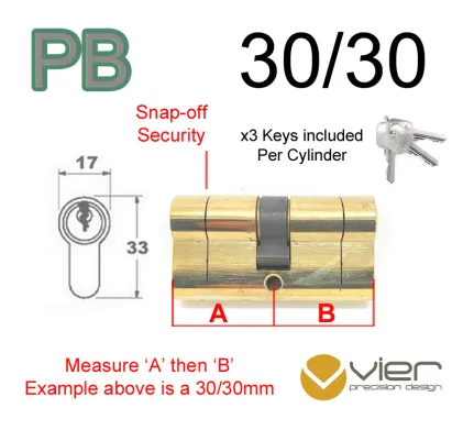 30/30 Euro Profile Double Cylinder  - PB Keyed to Differ