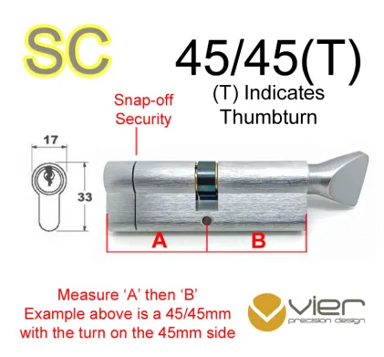 45/45(T) Euro Profile Cylinder & Turn - SC - Keyed to Differ