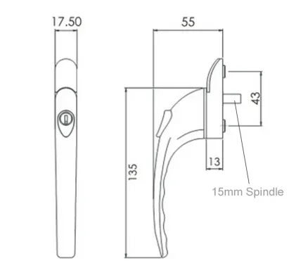 15mm Inline Espag Window handle CP